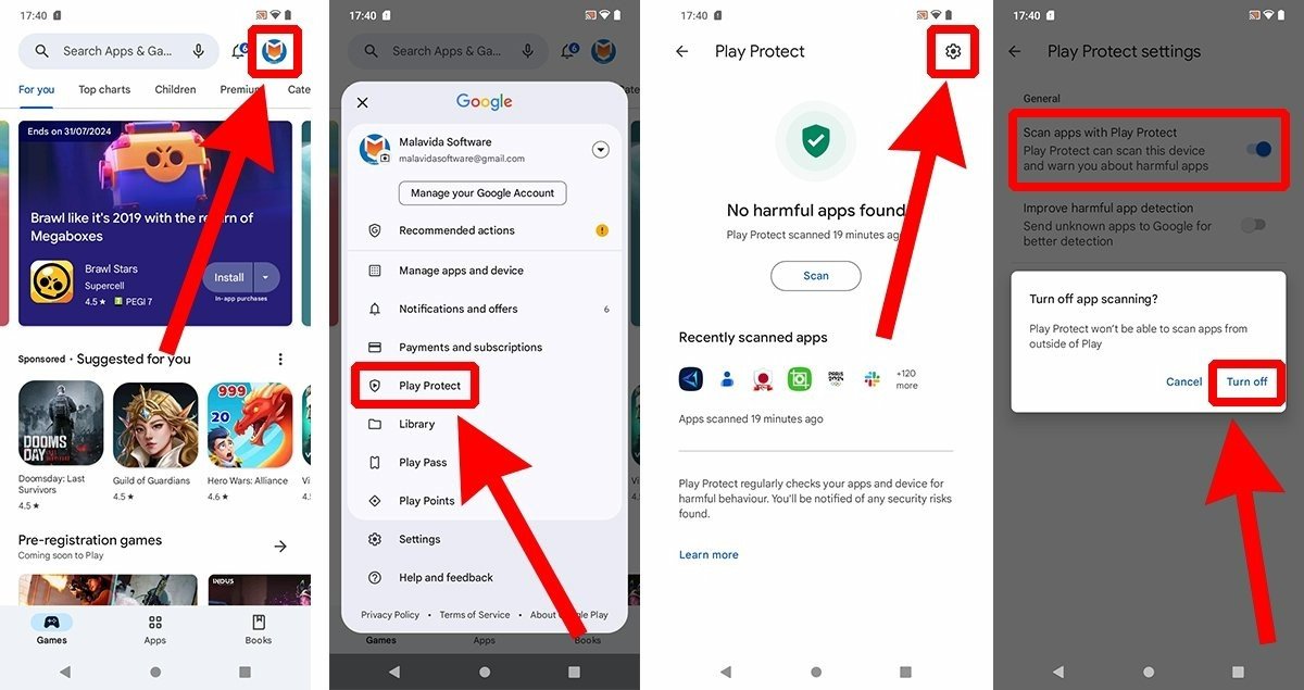 4 ขั้นตอนปิด Play Protect: แตะรูปโปรไฟล์ใน Play Store, เลือก Play Protect, แตะเฟืองตั้งค่า, ปิดสวิตช์ Scan apps with Play Protect แล้วกด Turn off